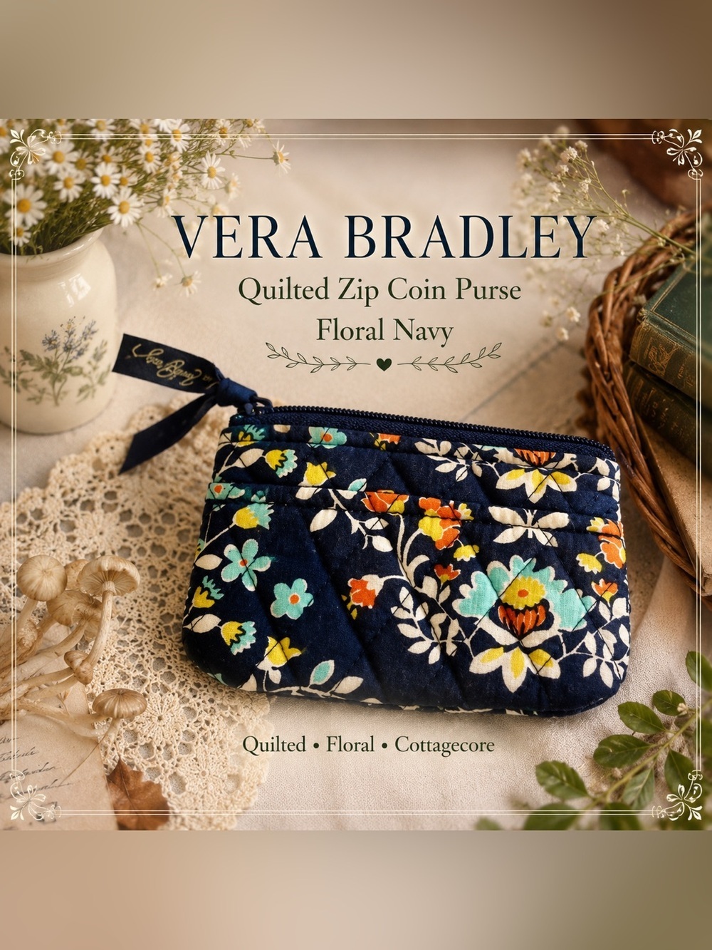 Vera Bradley Quilted Zip Coin Purse Card Case Navy Floral